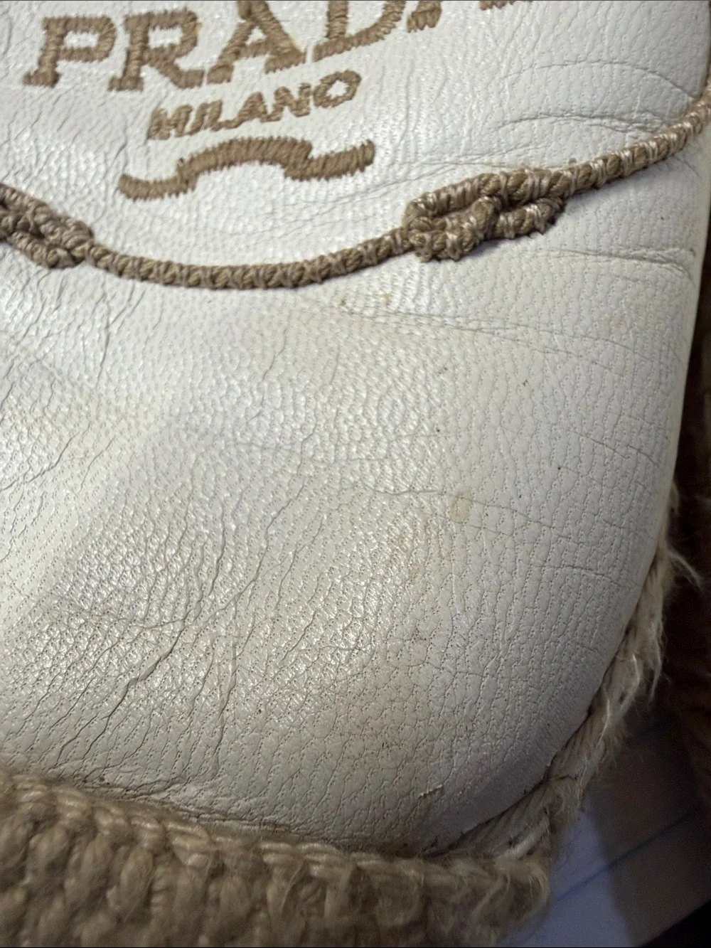 Prada Milano Cream White Leather Espadrille Slip-Ons with Logo Size 37 (US 7)